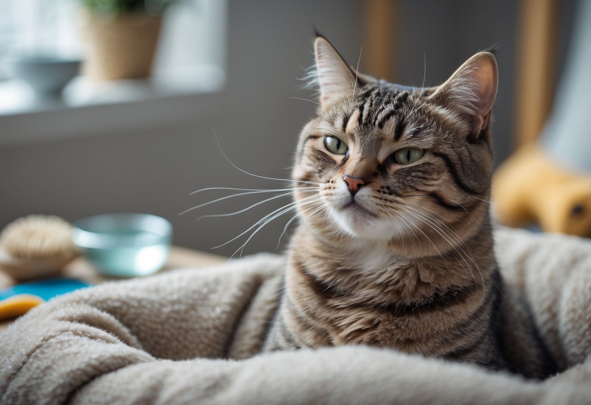 A domestic cat sitting indoors, appearing to cough with its mouth slightly open and eyes partially closed.
