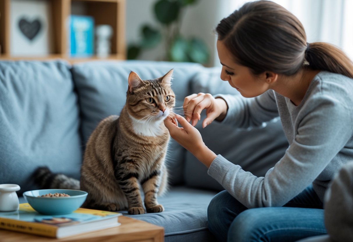 A person gently examining a calm cat sitting on a couch in a living room.