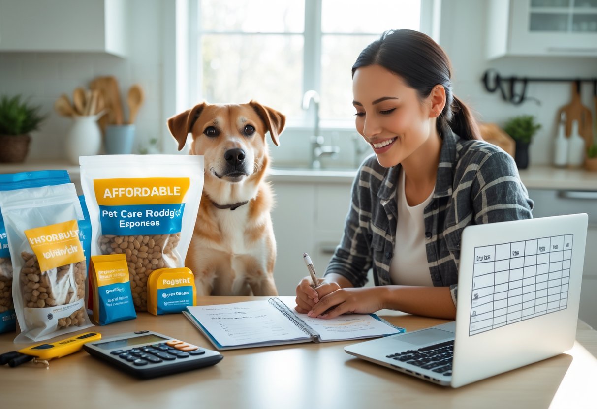 A person sitting at a kitchen table with a dog nearby, reviewing pet care expenses using a calculator and laptop, surrounded by pet supplies.