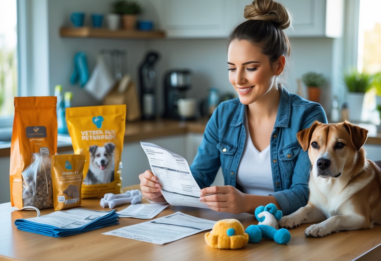 A person sitting at a kitchen table with pet supplies and bills, looking thoughtfully at receipts while a dog or cat rests nearby.