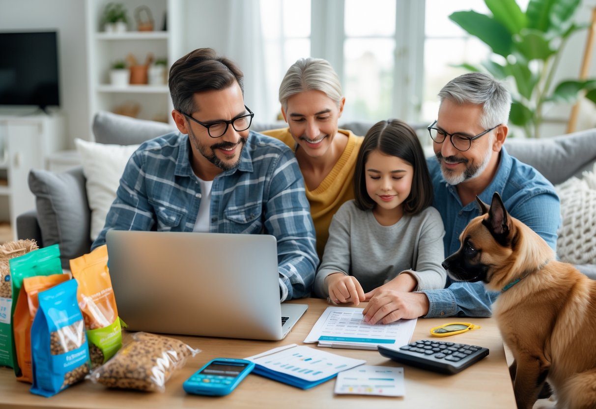 A family sitting in a living room reviewing pet care expenses with a laptop, calculator, and pet supplies nearby, while a dog and cat sit calmly beside them.