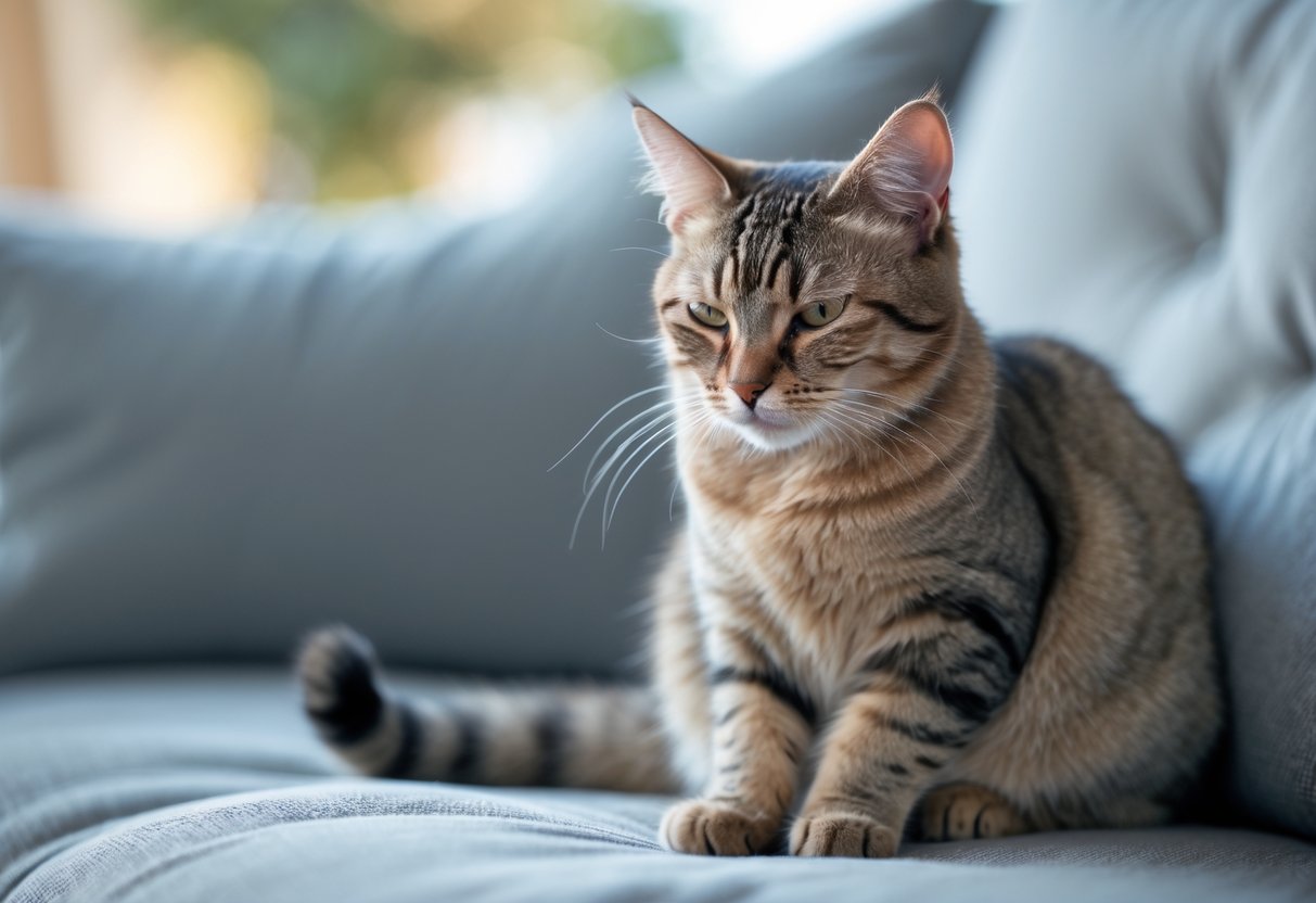 A domestic cat sitting quietly indoors with a tense posture and slightly squinted eyes, showing subtle signs of discomfort.