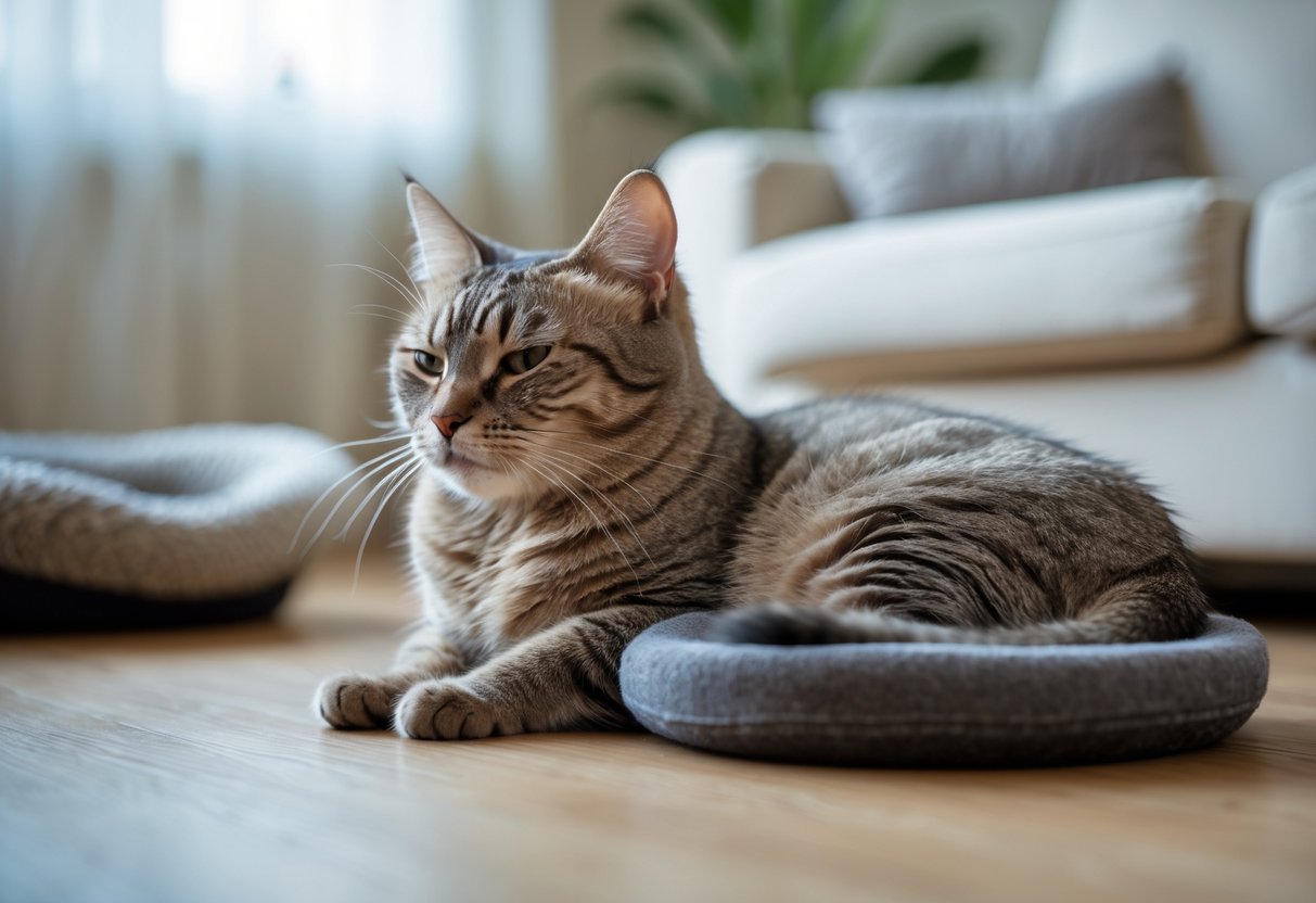 A cat sitting indoors with a tense posture and slightly squinted eyes, showing subtle signs of discomfort.