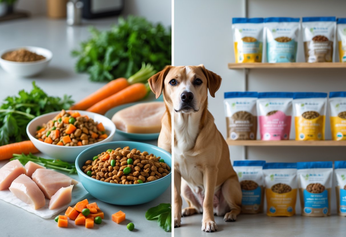 A dog sitting calmly between a bowl of homemade pet food with fresh ingredients and a bowl of store-bought pet food with packaged products on a kitchen countertop.