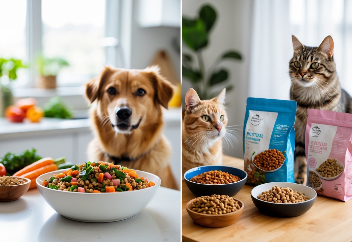 A dog and a cat looking at separate bowls of homemade pet food and store-bought pet food on a kitchen countertop.