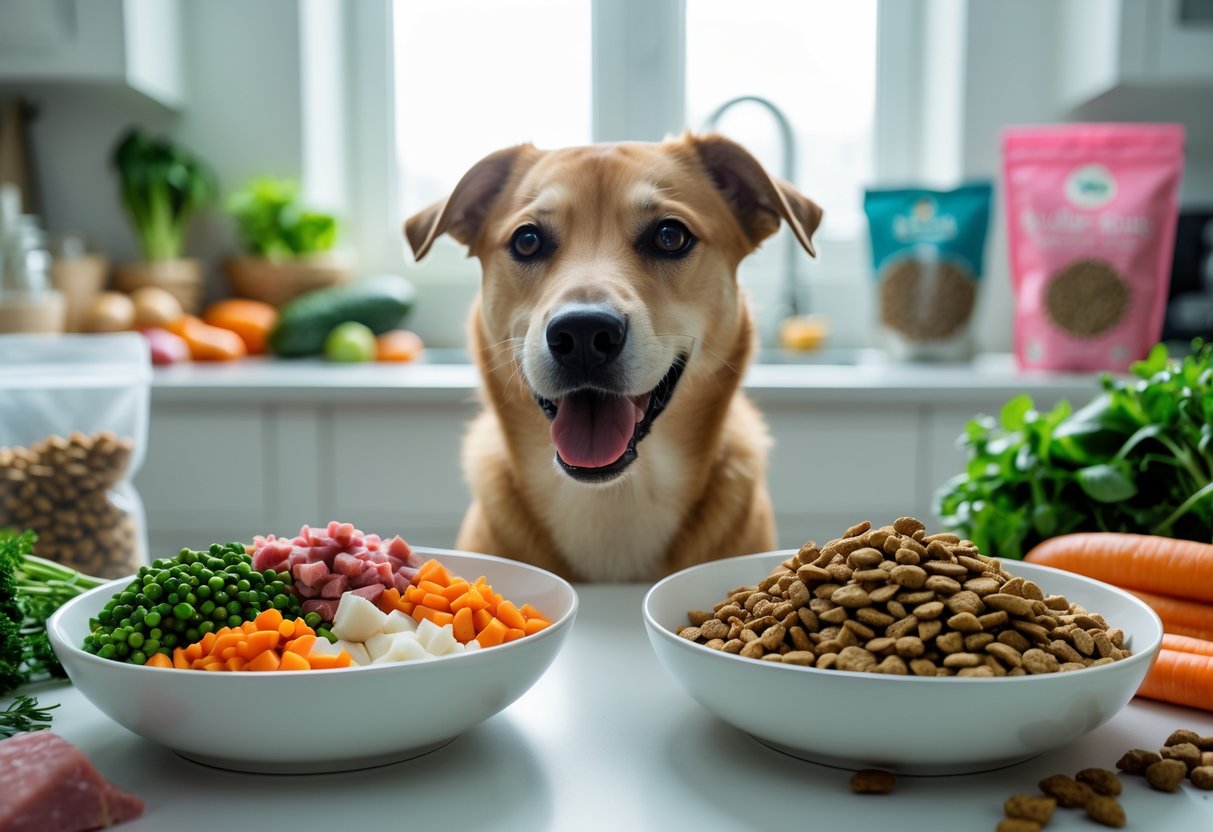 A happy dog looking at two bowls, one with homemade pet food and one with store-bought pet food, on a kitchen counter.