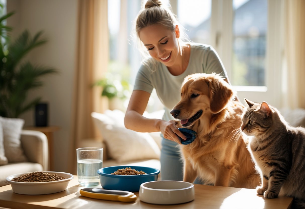 A person brushing a dog’s fur with a cat sitting nearby in a sunlit living room surrounded by pet care items.