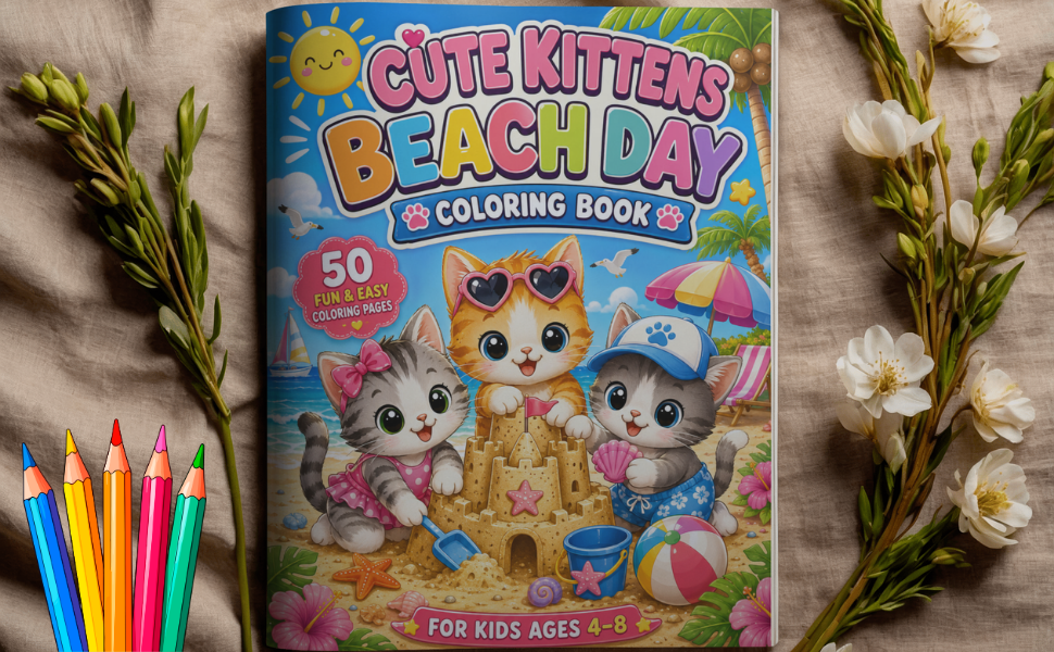 Cute Kittens Beach Day Coloring Book #kitten #coloring